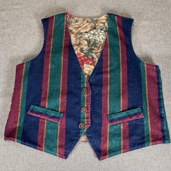 Unbranded Reversible Vest Women's Medium 3 Button Floral Stripes 100% Cotton USA - Picture 7 of 16